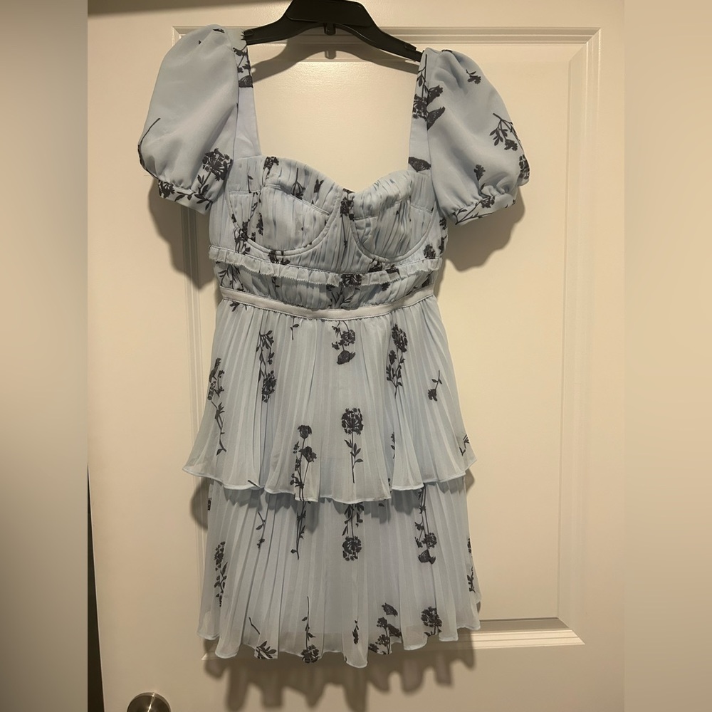 Self Portrait blue mini dress with tiered ruffles. Size 4, only worn once.